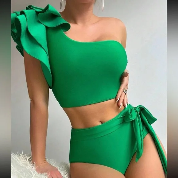 Black Swimsuit Swear wear Ruffle Trim One Shoulder Top High Waist Bottom - Picture 9 of 15